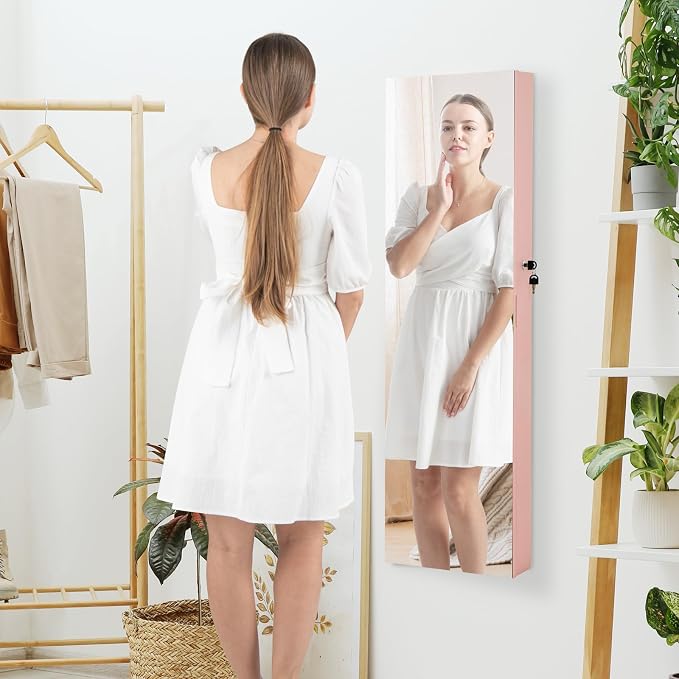 LOKO Mirrored Jewelry Armoire, Wall/Door Mounted Jewelry Cabinet with Full-Length Mirror, Lockable Jewelry Storage Organizer with 2 Drawers & 2 LED Lights, for Girls Women Gift Bedroom (Light Pink)