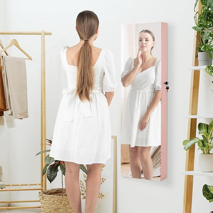 LOKO Mirrored Jewelry Armoire, Wall/Door Mounted Jewelry Cabinet with Full-Length Mirror, Lockable Jewelry Storage Organizer with 2 Drawers & 2 LED Lights, for Girls Women Gift Bedroom (Light Pink)