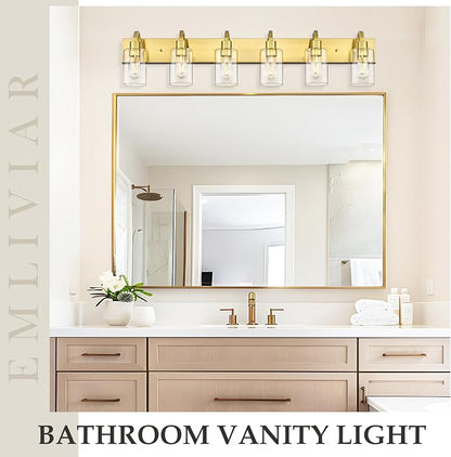 Emliviar Large 6-Light Vanity Lighting for Powder Room, 44.7 Inch Wall Lamp Over Mirror with Clear Glass Shade, Brushed Gold Finish, YCE237B-6W BG