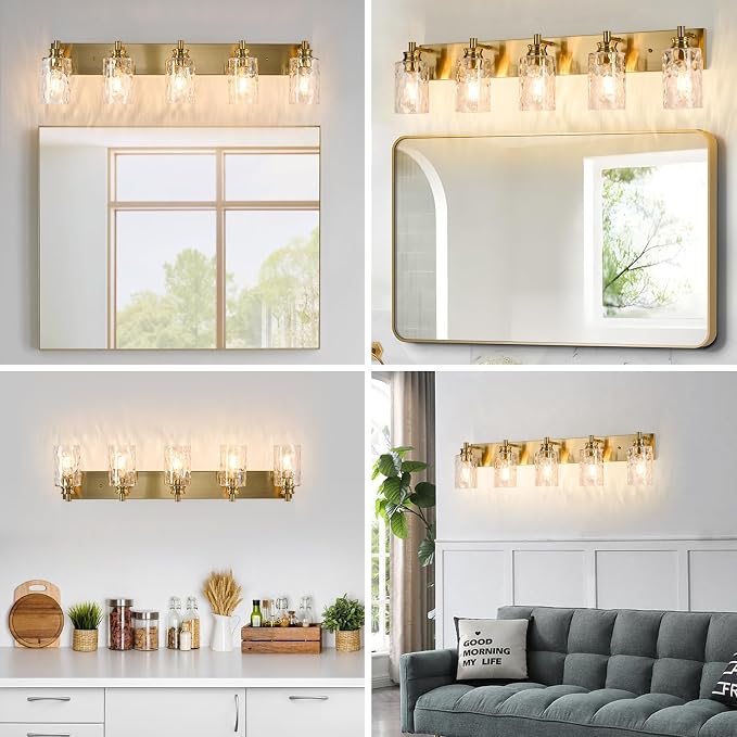 5 Light Bathroom Vanity Light Modern Brushed Gold Bathroom Light Fixtures Over Mirror with Hammered Glass Lampshade for Kitchen Hallway