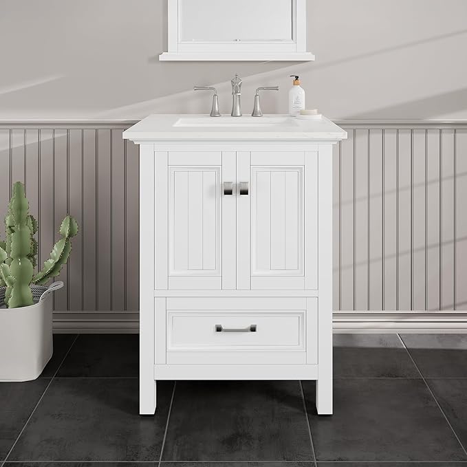 Eviva Britney 24 in. White Single Sink Bath Vanity with Carrara Quartz Top and Undermount Porcelain Sink