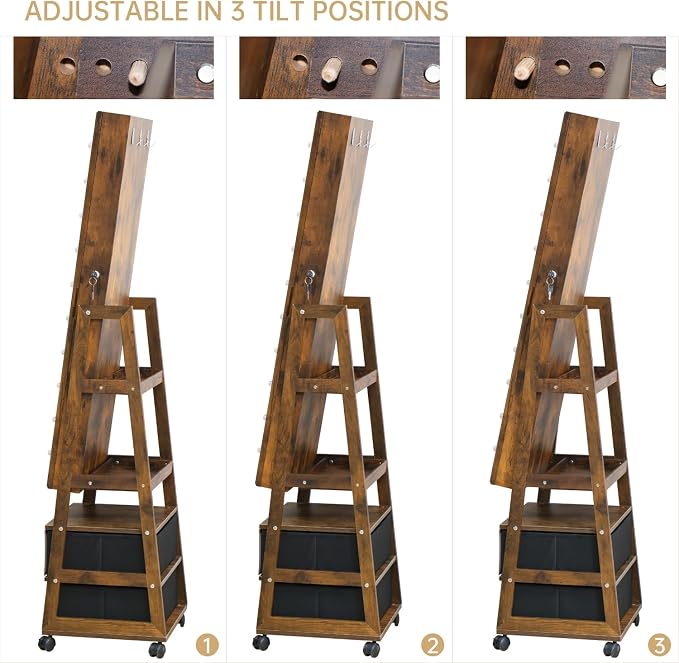 Full Length Mirror with Storage Shelves Jewelry Armoire Cabinet | Organizer Standing with 20 LED Lights Lockable and 2 Drawers (Rustic Brown) Adjustable Tilt Angles Gift for Her