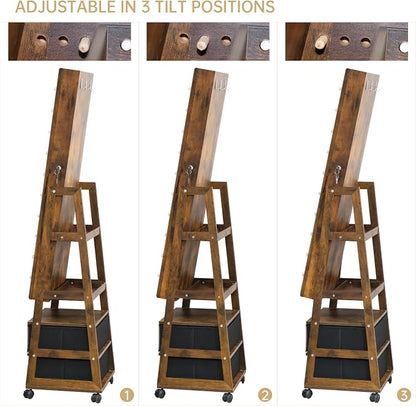 Full Length Mirror with Storage Shelves Jewelry Armoire Cabinet | Organizer Standing with 20 LED Lights Lockable and 2 Drawers (Rustic Brown) Adjustable Tilt Angles Gift for Her