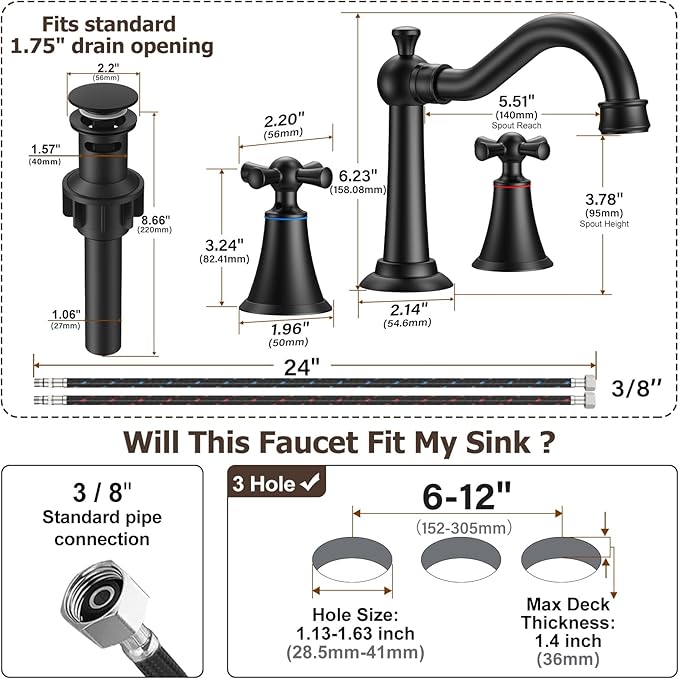 Hurran 8 Inch Widespread Bathroom Sink Faucet Matte Black, 3 Hole 2 Cross Handles Classic Vintage Antique Faucet with Metal Pop Up Drain and Supply Hoses for Vanity, RV, Farmhouse
