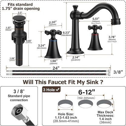Hurran 8 Inch Widespread Bathroom Sink Faucet Matte Black, 3 Hole 2 Cross Handles Classic Vintage Antique Faucet with Metal Pop Up Drain and Supply Hoses for Vanity, RV, Farmhouse