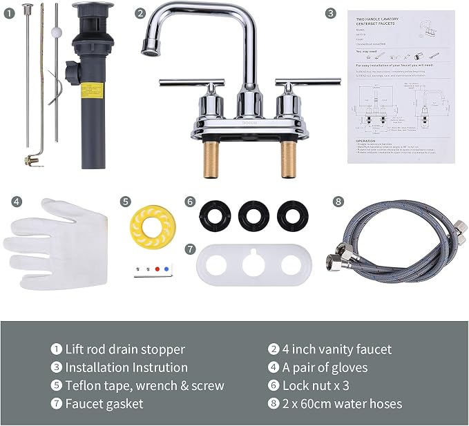 WOWOW Chrome 4 Inch Bathroom Sink Faucet Centerset Lift Rod Drain Stopper 2 Handle Lavatory Commercial Contemporary Faucet High Arc Brass Faucets for Bathroom