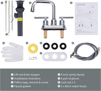 WOWOW Chrome 4 Inch Bathroom Sink Faucet Centerset Lift Rod Drain Stopper 2 Handle Lavatory Commercial Contemporary Faucet High Arc Brass Faucets for Bathroom