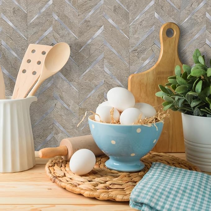DICOFUN 10-Sheet Sandstone Look Herringbone Peel and Stick Backsplash for Kitchen, PVC Mixed Metal Gold Chevron Stick on Backsplash Wall Tiles