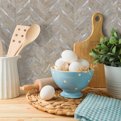 DICOFUN 10-Sheet Sandstone Look Herringbone Peel and Stick Backsplash for Kitchen, PVC Mixed Metal Gold Chevron Stick on Backsplash Wall Tiles