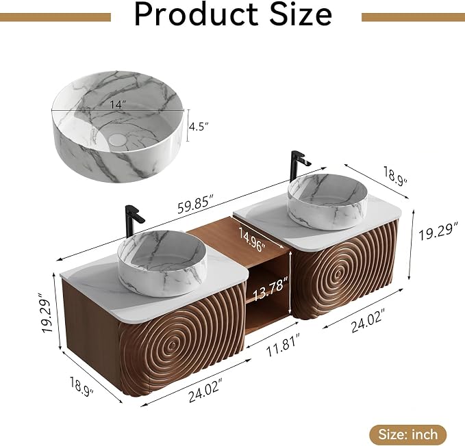60" Floating Bathroom Vanity with Double Sink, Mid-Century Wall Mounted Bathroom Vanity Cabinet with Wood Waved Decor, Marble Ceramic Basin, Sintered Stone Top, Soft Close Drawer, Side Open Cube