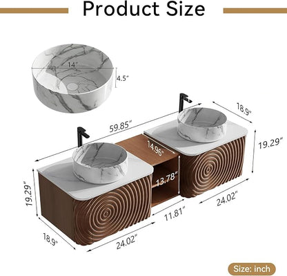 60" Floating Bathroom Vanity with Double Sink, Mid-Century Wall Mounted Bathroom Vanity Cabinet with Wood Waved Decor, Marble Ceramic Basin, Sintered Stone Top, Soft Close Drawer, Side Open Cube