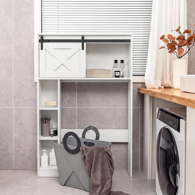 GIANTEX Over The Toilet Storage Cabinet - Freestanding Bathroom Organizer with Sliding Barn Door & Storage Shelves, Multifunctional Bathroom Toilet Rack for Bathroom, Restroom, Laundry (White)