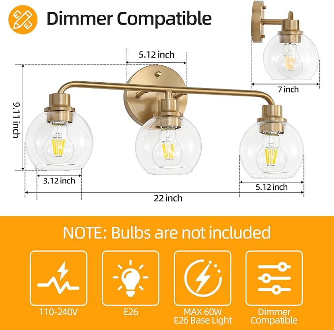 22 Inch Bathroom Light Fixtures Gold Vanity Light 3 Light Brushed Brass | Intrfimaso Wall Sconces Lighting with Clear Globe Glass Shades Bath Wall Lamp for Mirror Living Room Bedroom Hallway