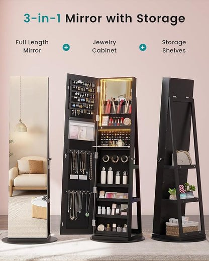 Vlsrka 360° Swivel Mirror Jewelry Cabinet, Lockable Jewelry Armoire, Black | Standing Jewelry Cabinet with Lights, Framelss Mirror with Storage, Foldable Makeup Shelf, Interior Mirror, Gift for Women