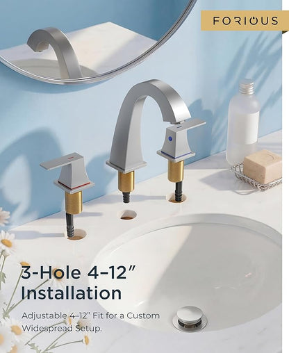 FORIOUS Bathroom Faucets 3 Hole, Brushed Nickel Bathroom Sink Faucet for Vanity with Pop-up Drain and Supply Lines, Lead-Free 8 Inch Widespread Faucet for 3 Hole Sink