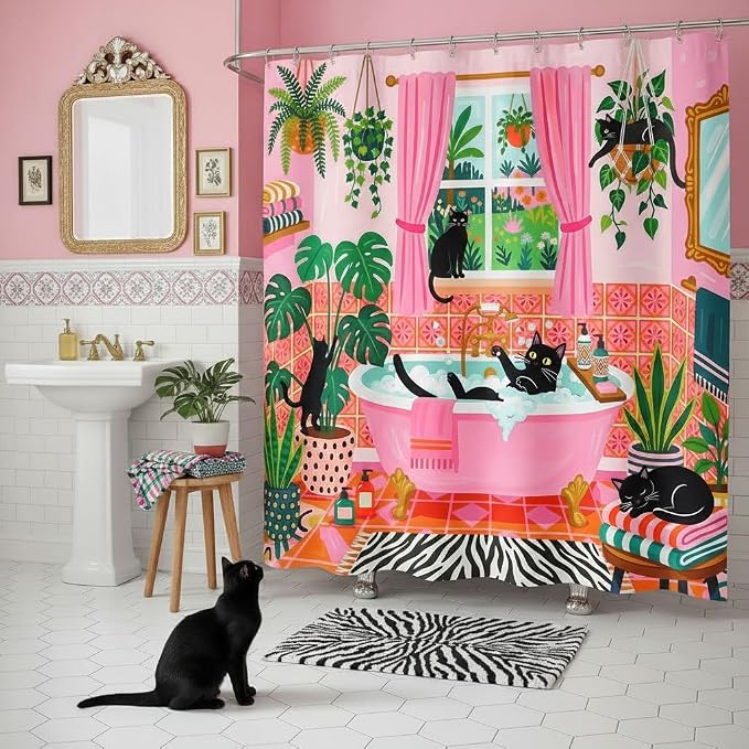 Accnicc Funny Cat Shower Curtain for Bathroom 72 X 78 Inches | Boho Cute Fun Black Cats Long Shower Curtains, Tropical Plant Pink Bathroom Decor, Water-Resistant Washable Polyester Fabric