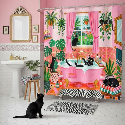 Accnicc Funny Cat Shower Curtain for Bathroom 72 X 78 Inches | Boho Cute Fun Black Cats Long Shower Curtains, Tropical Plant Pink Bathroom Decor, Water-Resistant Washable Polyester Fabric