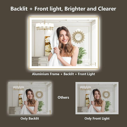 48x40 Inch LED Bathroom Mirror with Lights (Front Lit and Backlit) Gold Framed Lighted Vanity Mirror for Bathroom Wall Dimmable Anti-Fog Memory Tempered Glass Horizontal/Vertical