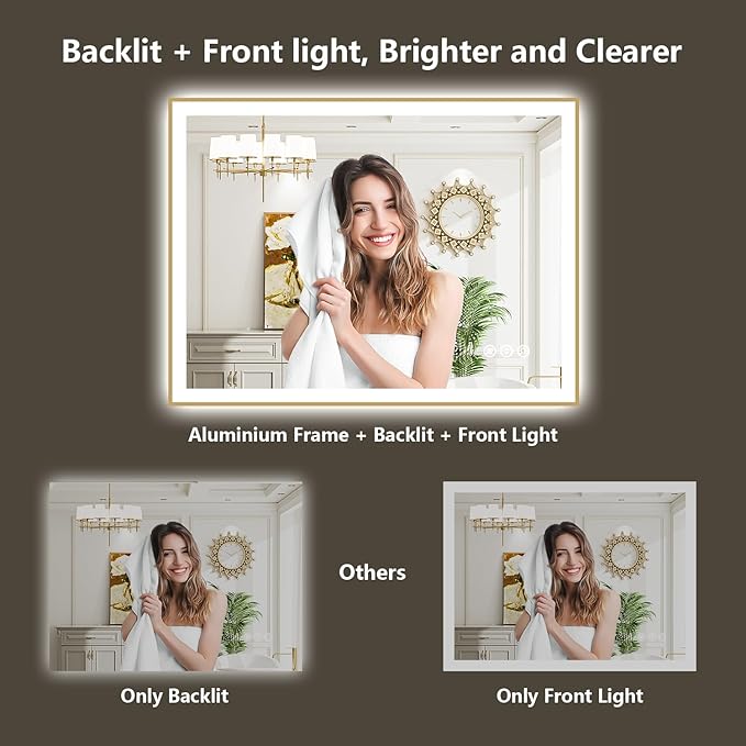 55x40 Inch LED Bathroom Mirror with Lights (Front Lit and Backlit) Gold Framed Lighted Vanity Mirror for Bathroom Wall Dimmable Anti-Fog Memory Tempered Glass Horizontal/Vertical