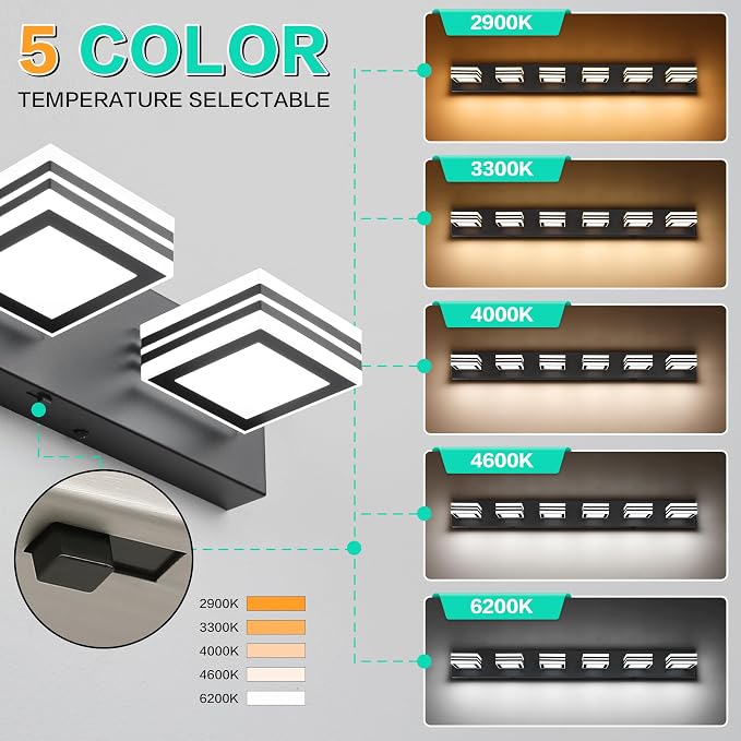 SOLFART Modern Black Vanity Lights Fixtures: 6 Lights Acrylic LED Matte Black Vanity Lights for Bathroom 39inch 5CCT