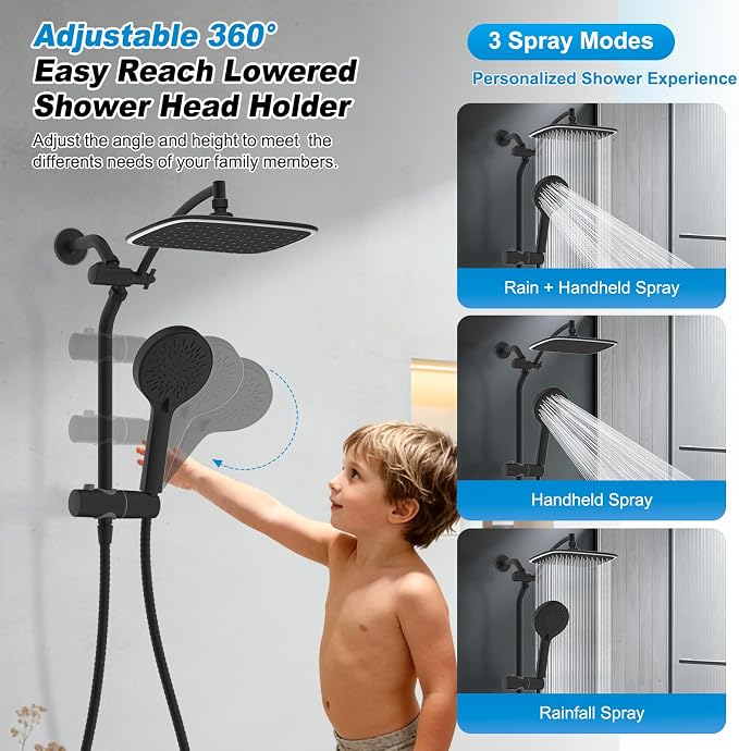 10" Rain Shower Head with Handheld/Extension Arm, Easy-Reach Holder, Chrome | High-Pressure Boosting Rainfall Showerhead with Metal Adjustable Extension Arm, 5-Spray Modes with Power Wash, Easy Install