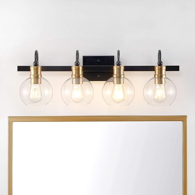 JONATHAN Y 29.75" Black/Brass Gold Vintage Wall Sconce, LED Vanity Light for Bathroom Bedroom Entryway, Clear Glass Globe Shade, Modern Industrial Arched Lamp, LED Bulb Included (JYL3529A)