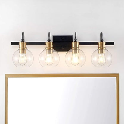 JONATHAN Y 29.75" Black/Brass Gold Vintage Wall Sconce, LED Vanity Light for Bathroom Bedroom Entryway, Clear Glass Globe Shade, Modern Industrial Arched Lamp, LED Bulb Included (JYL3529A)