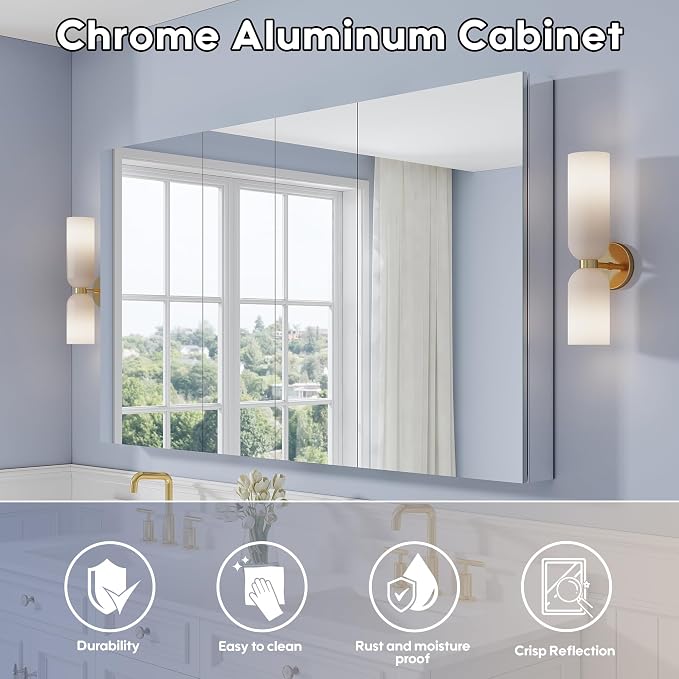 64" x 36" Bathroom Medicine Cabinet with Mirror, Anodized Chrome Aluminum Frame, Surface Mount or Recessed Medicine Cabinet with Mirror, Bathroom Mirror with Storage, Four Doors