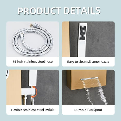 5-In-1Shower Panel Tower System-Brushed Gold | 304 stainless steel Shower Panel Column Tower With Powerful Body Jets,Body Spray,Rainfall,Waterfall,Handheld And Tub Spout