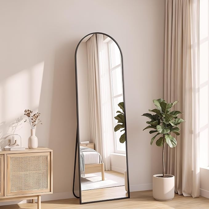 NEWBULIG Arched Full Length Floor Mirror 56"x15", Body Standing Mirror | Wall Hanging or Leaning, Shatter-Proof Glass, Aluminum Alloy Frame with Stand, Home Decor Bedroom, Black