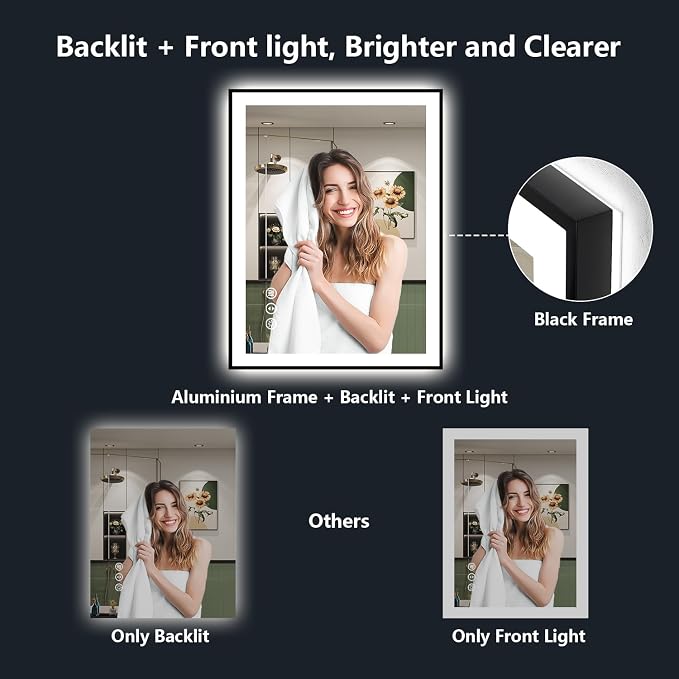 24x30 LED Bathroom Mirror with Lights, Black Framed Lighted Mirror | Backlit and Front Light, Anti-Fog, 3 Color Dimmable, Memory, Tempered Glass, IP54 Waterproof, UL Listed