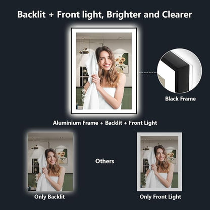 24x30 LED Bathroom Mirror with Lights, Black Framed Lighted Mirror | Backlit and Front Light, Anti-Fog, 3 Color Dimmable, Memory, Tempered Glass, IP54 Waterproof, UL Listed