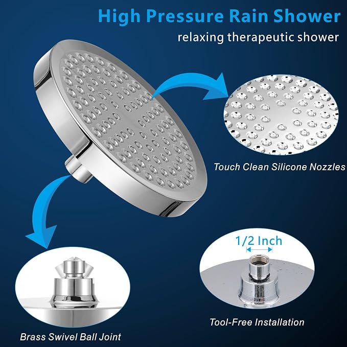 Voolan High Pressure Rain Shower Head - Luxury Modern Look - The Perfect Adjustable Replacement For Your Bathroom Showerhead - Comfortable Shower Experience Even at Low Water Flow (6“ Brushed Chrome)
