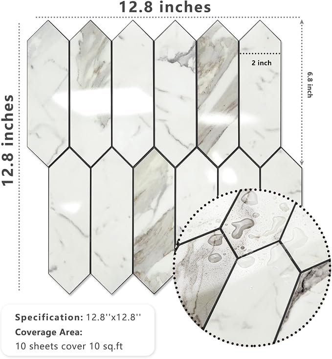 Vamos Tile Glossy Carrara White Backsplash Tile Peel and Stick, 12.8 x 12.8 Inch 10 Sheets Long Hexagon PVC Self Adhesive Mosaic Wall Tiles Stick on Backsplash for Kitchen and Bathroom