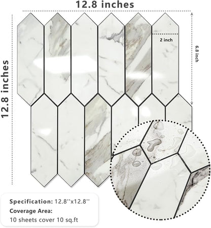 Vamos Tile Glossy Carrara White Backsplash Tile Peel and Stick, 12.8 x 12.8 Inch 10 Sheets Long Hexagon PVC Self Adhesive Mosaic Wall Tiles Stick on Backsplash for Kitchen and Bathroom