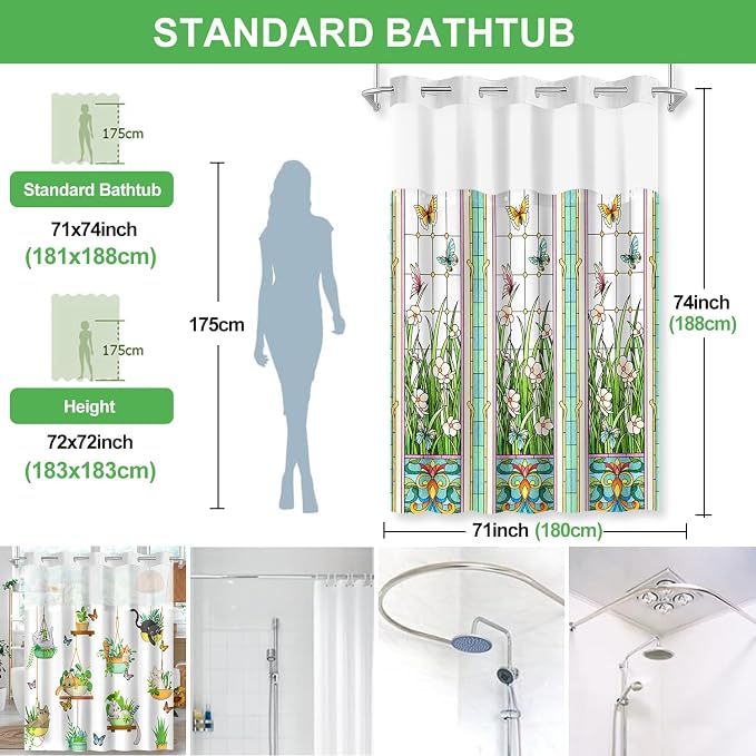 No Hook Shower Curtain Snap in Liner with 2 Replaceable Curtain Panels Pattern Waterproof Fabric Washable Shower Curtain Set for Bathroom Bathtub, Hotel Style with See Through Mesh Top Window 71 x 74"