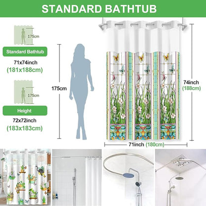 No Hook Shower Curtain Snap in Liner with 2 Replaceable Curtain Panels Pattern Waterproof Fabric Washable Shower Curtain Set for Bathroom Bathtub, Hotel Style with See Through Mesh Top Window 71 x 74"