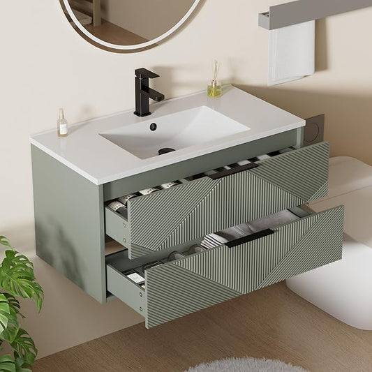 LUCKWIND 36" Floating Bathroom Vanity with Sink Combo, Wall Mounted Floating Cabinet with 2 Large Soft-Close Drawers & Water Saving Faucet, Geometric Textured Design in Green