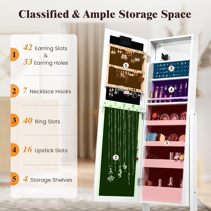 LOKO Jewelry Armoire with 18 LED Lights, Freestanding Jewelry Organizer with Full-length Mirror, Large Storage Mirrored Jewelry Cabinet with 16 Lipstick Holders, for Bedroom, Dressing Room (White)
