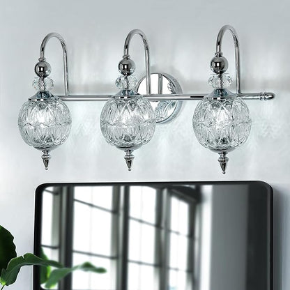 Modern Bathroom Light Fixtures Polished Chrome Vanity Light with Glass Globe LampShade 3 Lights Mid Century G9 Bulb Wall Sconce Indoor Vanity Light Over Mirror for Bedroom Kitchen Hallway