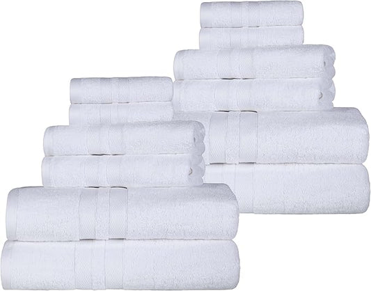 Superior Ultra-Soft Cotton Towel Set, 4 Bath Towels, 4 Hand Towels, 4 Face Towels/Washcloths, Quick-Dry, Shower, Spa Basics, Essentials, Solid, Double Line Dobby Border, 12 Piece Set, White