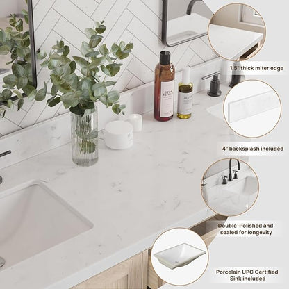 ARIEL 72 inch Double Bathroom Vanity top with Sink, 1.5 Inch Thick Miter Edge Carrara White Quartz top, Rectangle Double Sink Vanity top, Includes Backsplash