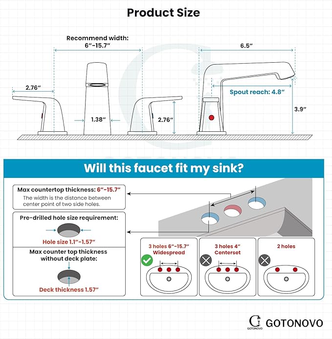 gotonovo Bathroom Sink Faucet 3 Holes 2 Handles Widespread 8 Inch Bathroom Faucet with Pop Up Drain Hot Cold Water Supply Lines Lavatory Vanity Mixer Tap, Thick Style, Matte Black