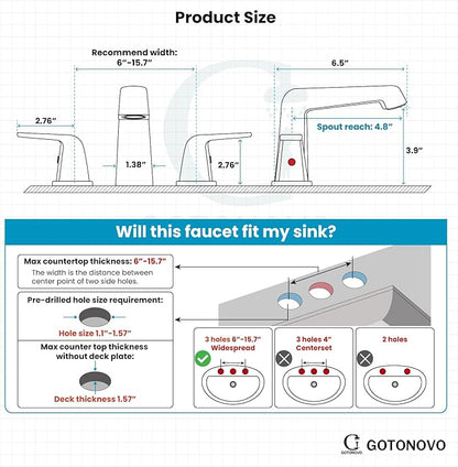gotonovo Bathroom Sink Faucet 3 Holes 2 Handles Widespread 8 Inch Bathroom Faucet with Pop Up Drain Hot Cold Water Supply Lines Lavatory Vanity Mixer Tap, Thick Style, Polish Chrome