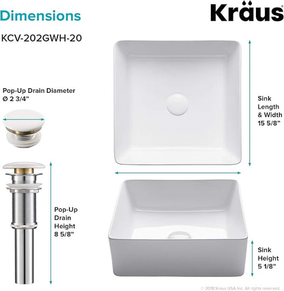 KRAUS Viva™ Square White Porcelain Ceramic Vessel Bathroom Sink with Pop-Up Drain, 15 5/8 in. L x 15 5/8 in. W x 5 1/8 in. H, KCV-202GWH