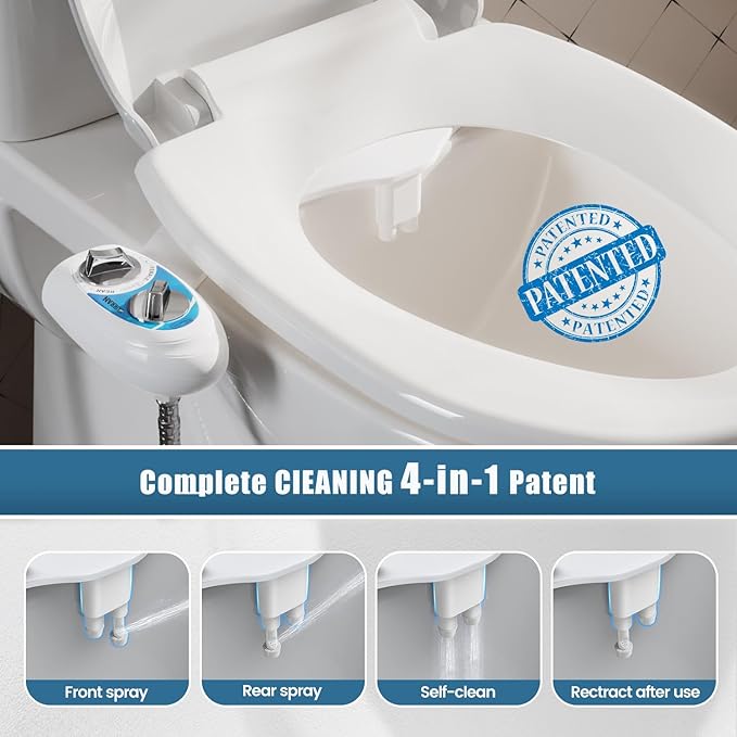 Hurran Ultra-Slim Bidet Attachment for Toilet, Retractable Dual Nozzles for Hygienic Posterior & Feminine Wash, Non-Electric with Adjustable Cold Water Pressure, Stainless Steel Inlet (Blue/White)
