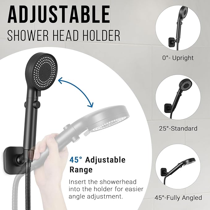 G-Promise Metal Handheld Shower Head Holder, No-Drill Install (Matte Black) | Adhesive or Drilled Installation, Wide Adjustment Range Fits All Family Heights, Firmly Secure Showerhead, Easy to Install