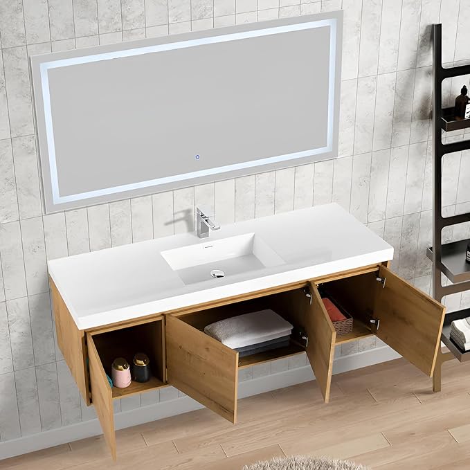 Blossom 60 Inch Bathroom Vanity with Sink, Wall Mounted Floating Bathroom Vanity Cabinet with Acrylic Sink, All Wood Soft Close Doors and Storage, Space Saving Design, Classic Oak Finish