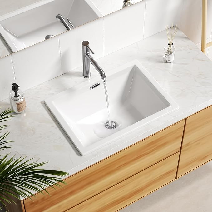 Enbol 20.6" x 14.5" Drop in Bathroom Sink Rectangule Vessel Sink Self-rimming Top Mount Bathroom Sink White Ceramic Lavatory Vanity with Overflow O2014-1