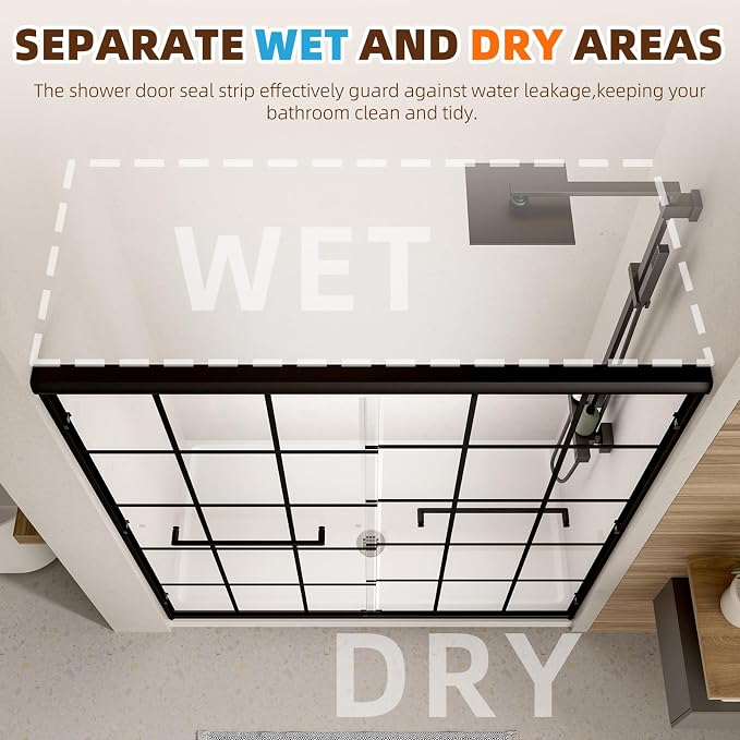 Semi-Frameless Sliding Shower Door 56-60"W x 72"H ,Grid Pattern Matte Black | Grid Pattern Design,6mm SGCC Tempered Glass,Nano Coating Easy Clean.Walk-in & Bathtub Use,Reversible Installation
